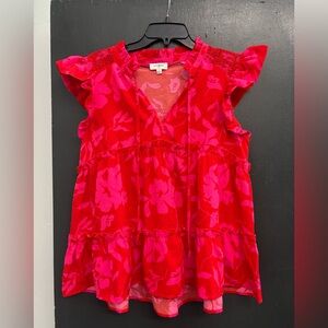 Umgee Vibrant Pink & Red Floral Ruffle Sleeve‎ Blouse Size Medium